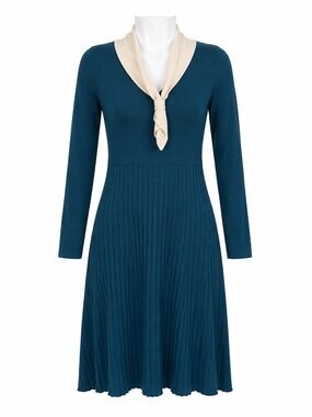 Size M Simple Retro Women’s Teal Pleated Midi Dress Cream Tie Collar